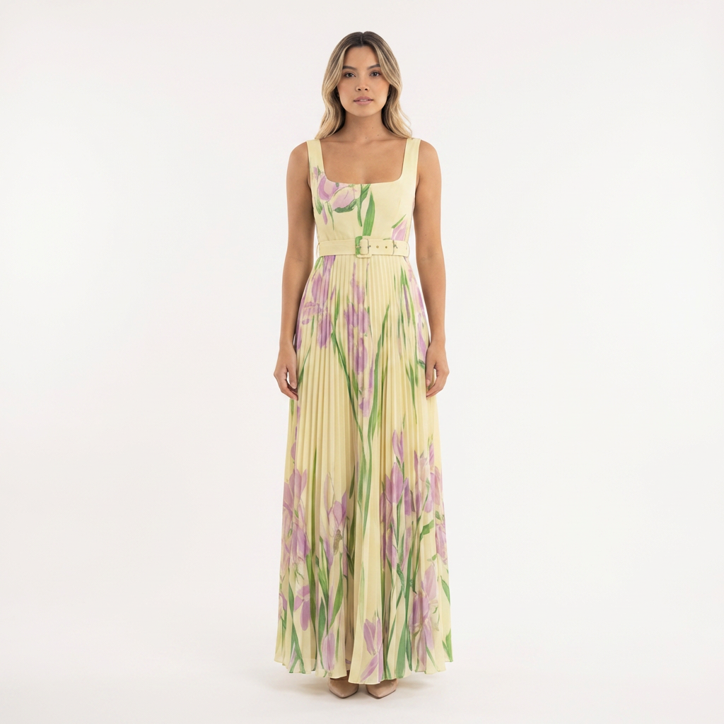 Vestido largo plisado floral mujer