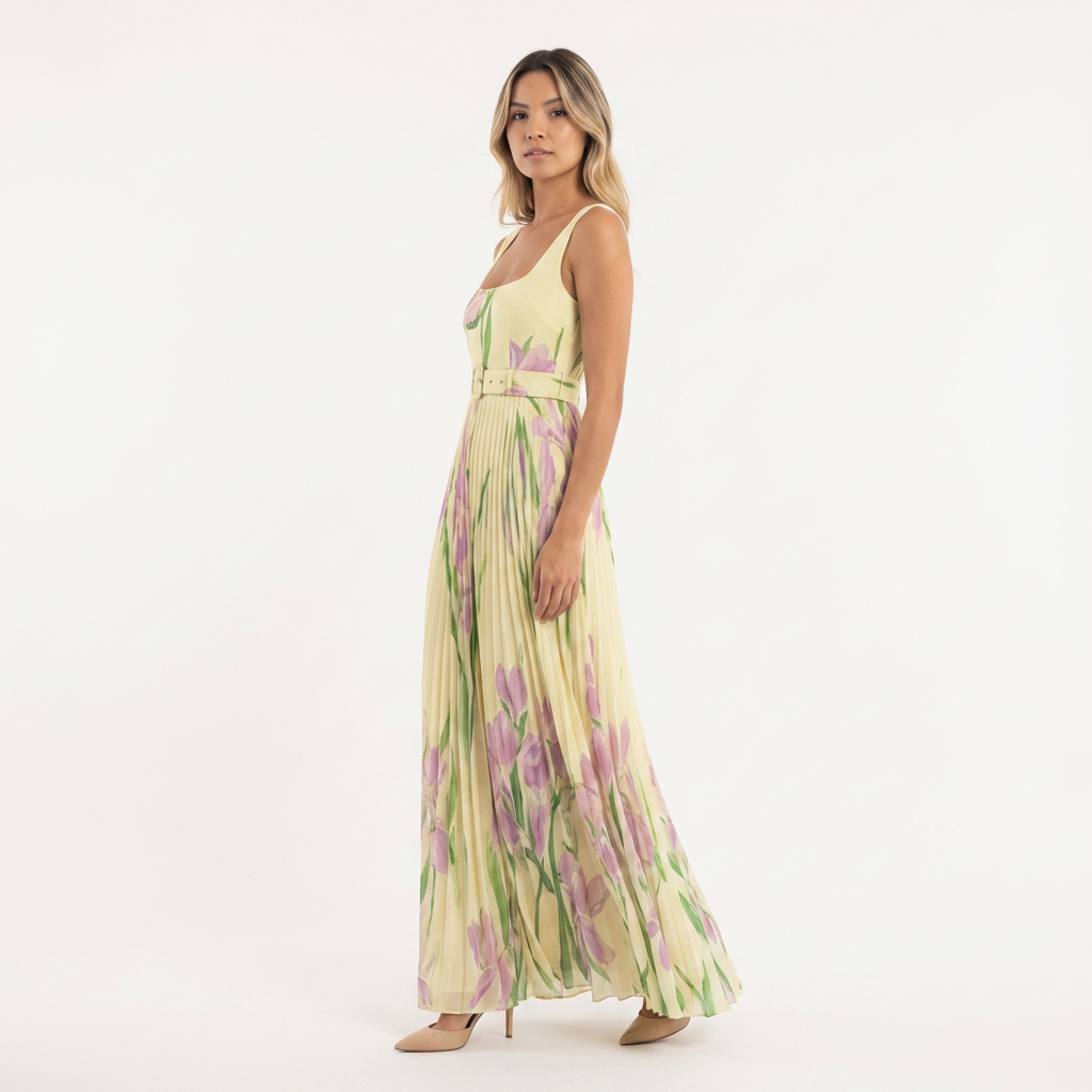 Vestido largo plisado floral mujer