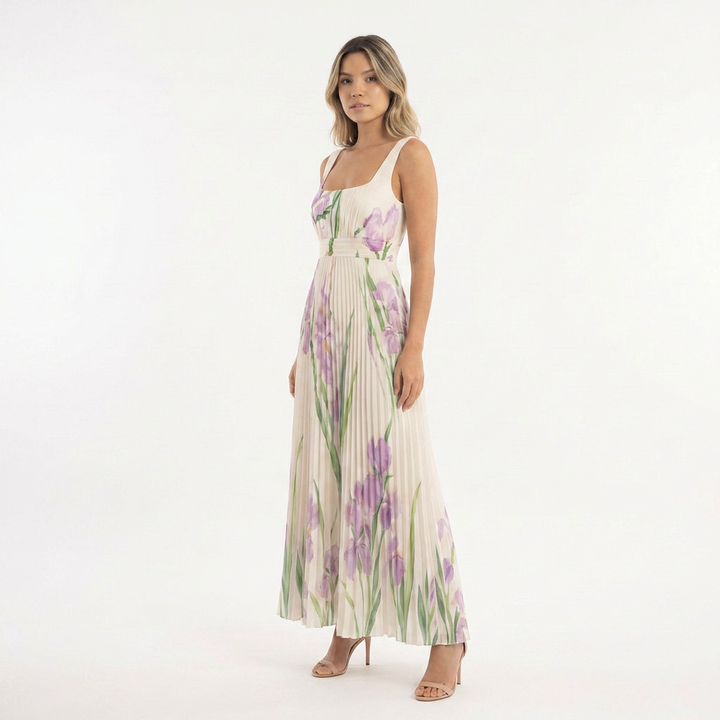 Vestido largo plisado floral mujer