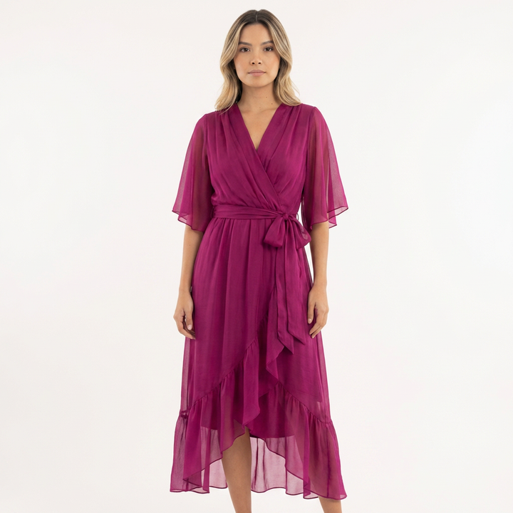 Vestido cruzado midi elegante mujer