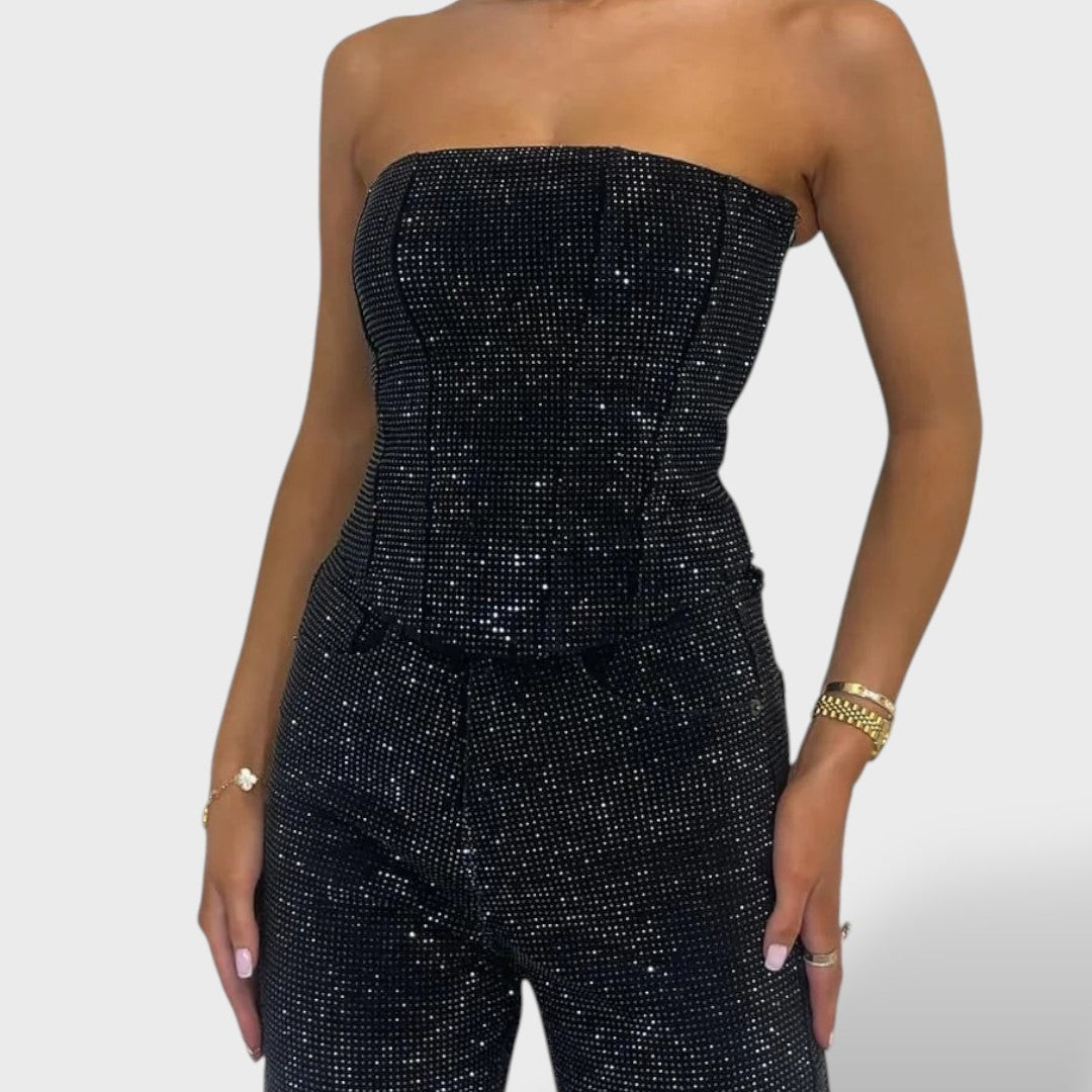 Conjunto Brillante Mujer con Jeans de Cintura Alta