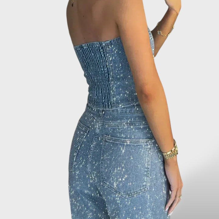 Conjunto Brillante Mujer con Jeans de Cintura Alta