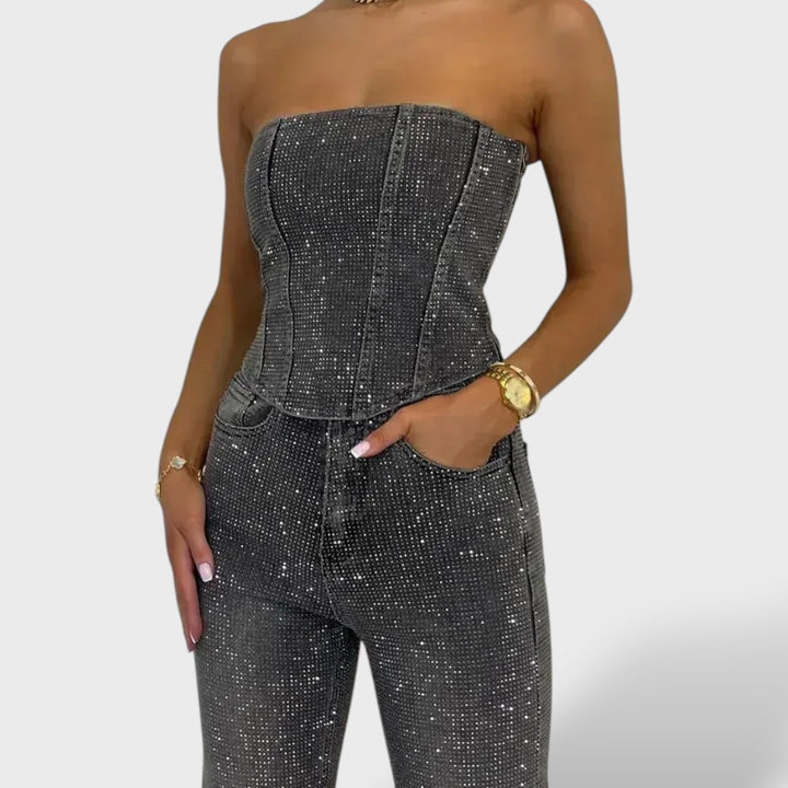 Conjunto Brillante Mujer con Jeans de Cintura Alta
