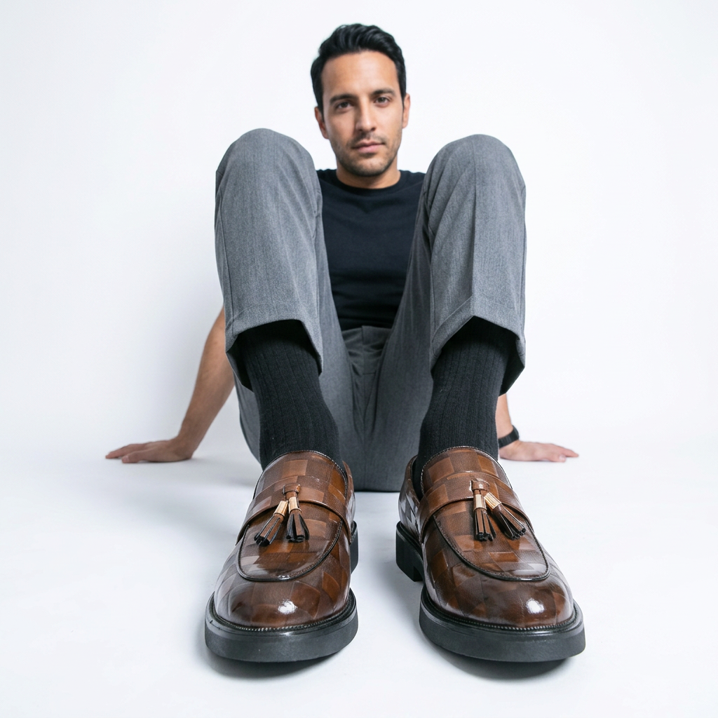 Mocasines Hombre Cuero Trenzado Borlas Doradas