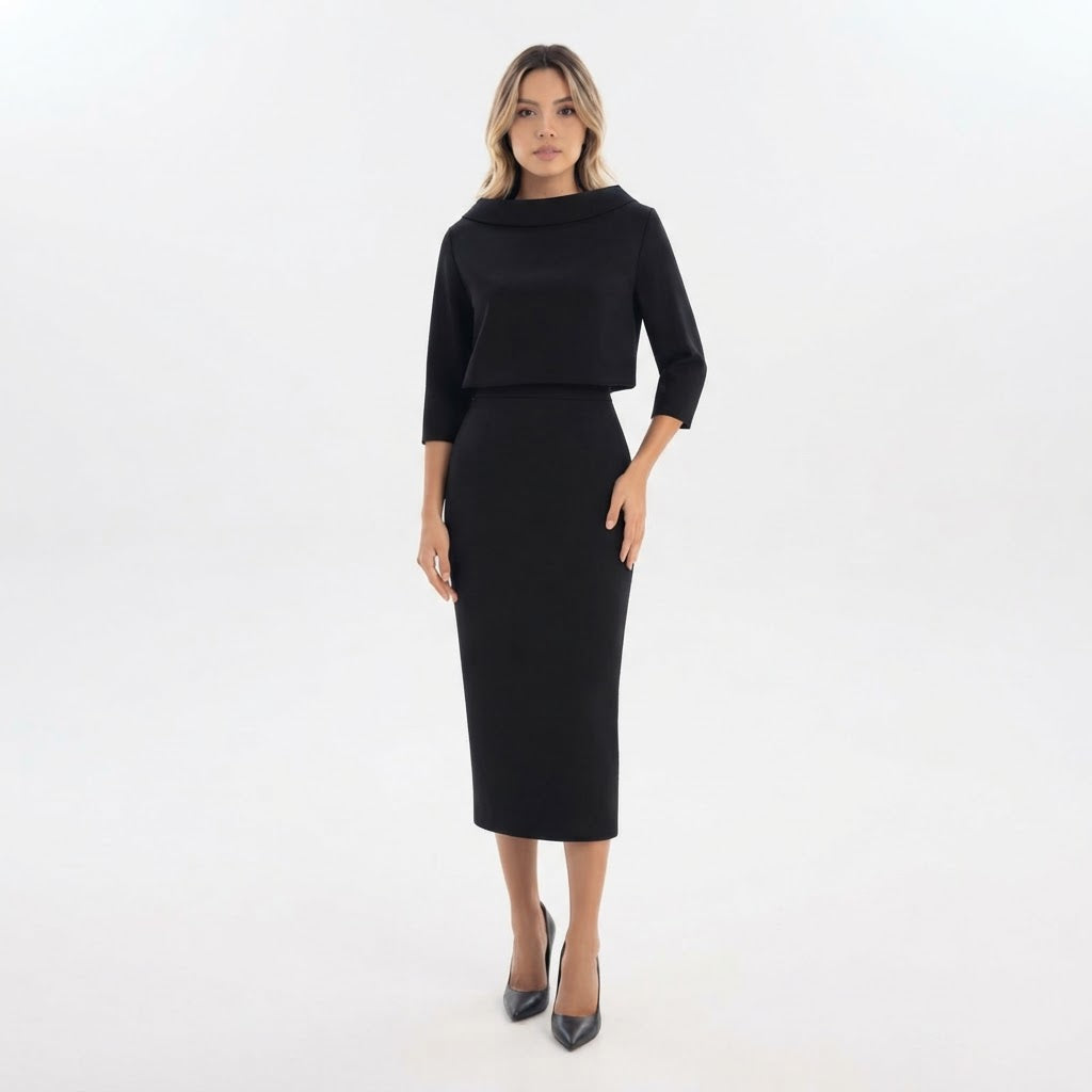 Conjunto Cuello Barco Falda Midi