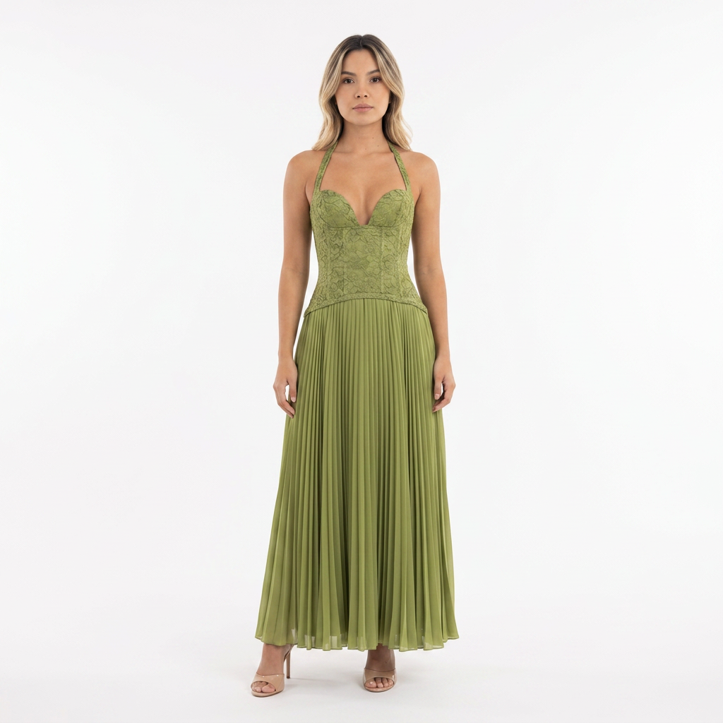 Vestido Largo Corsé Encaje Falda Plisada Boda