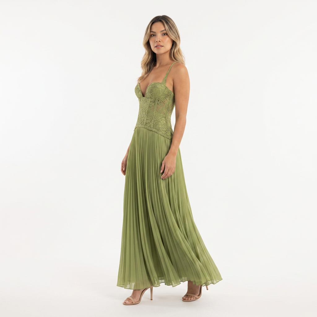 Vestido Largo Corsé Encaje Falda Plisada Boda