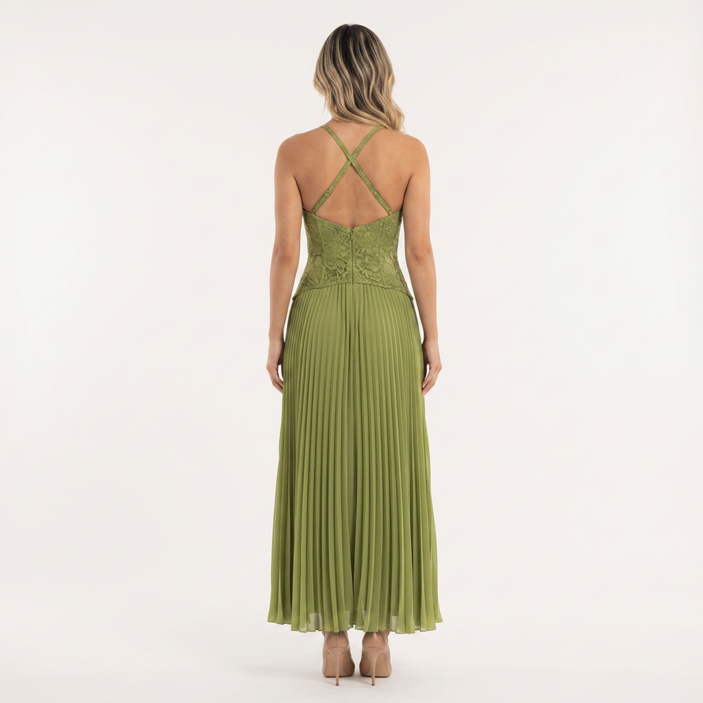 Vestido Largo Corsé Encaje Falda Plisada Boda