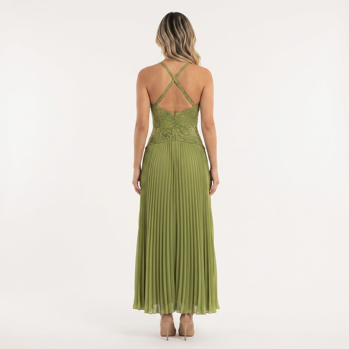 Vestido Largo Corsé Encaje Falda Plisada Boda