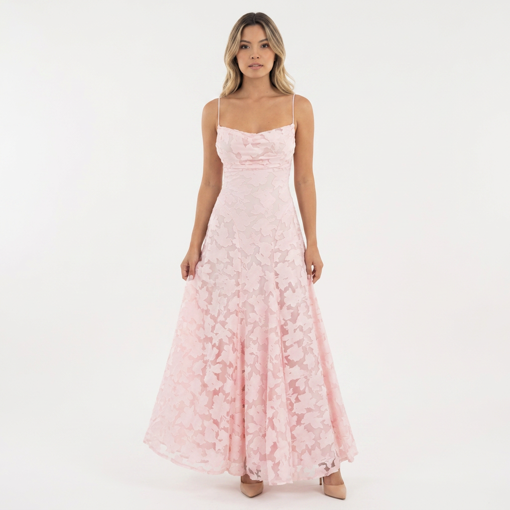 Vestido Largo Jacquard Floral Tirantes Vuelo Maxi
