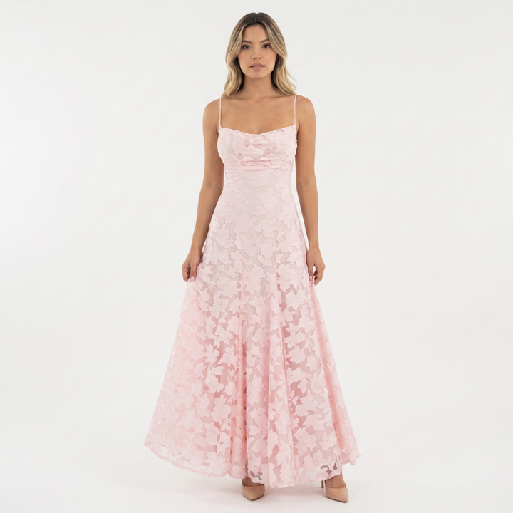 Vestido Largo Jacquard Floral Tirantes Vuelo Maxi