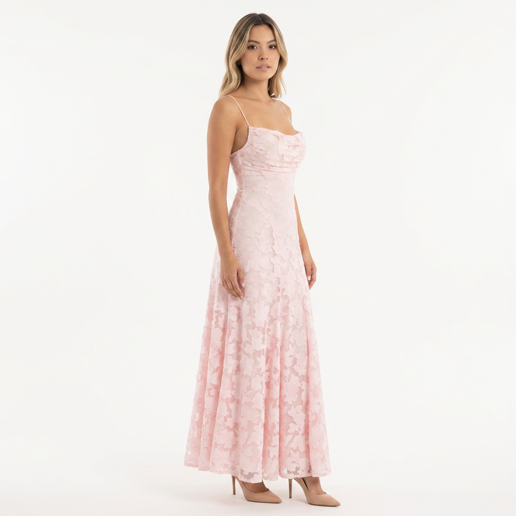 Vestido Largo Jacquard Floral Tirantes Vuelo Maxi