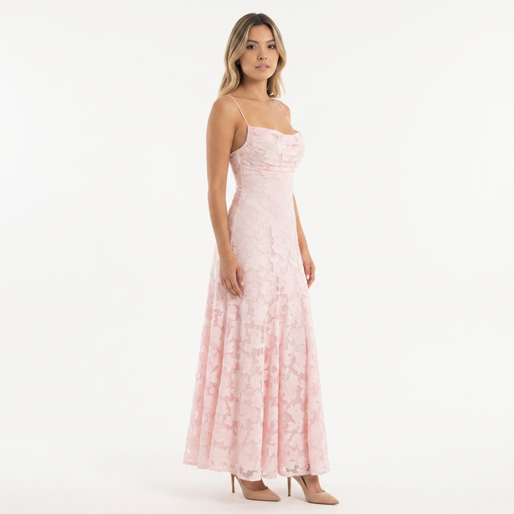 Vestido Largo Jacquard Floral Tirantes Vuelo Maxi