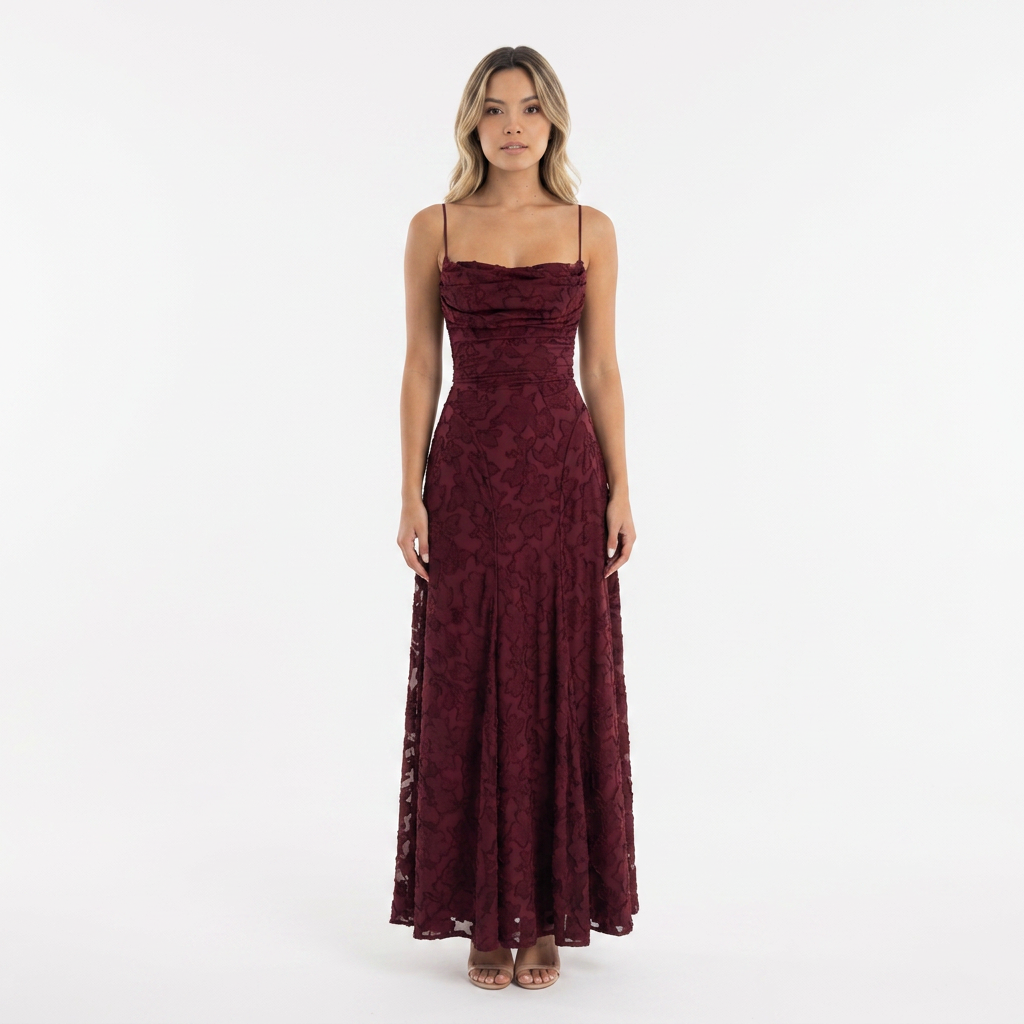 Vestido Largo Jacquard Floral Tirantes Vuelo Maxi