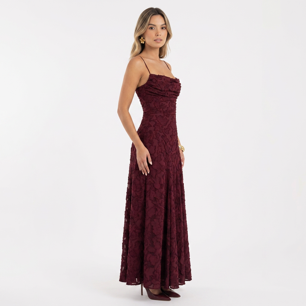 Vestido Largo Jacquard Floral Tirantes Vuelo Maxi