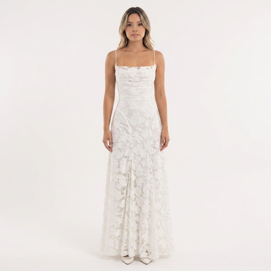 Vestido Largo Jacquard Floral Tirantes Vuelo Maxi