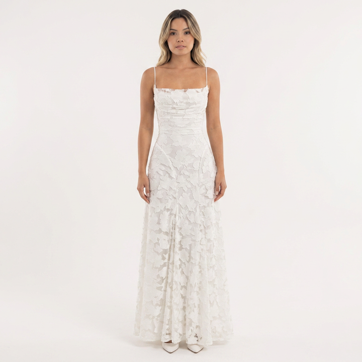 Vestido Largo Jacquard Floral Tirantes Vuelo Maxi