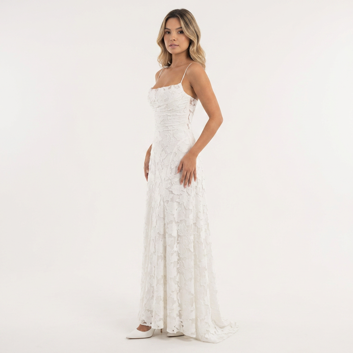 Vestido Largo Jacquard Floral Tirantes Vuelo Maxi