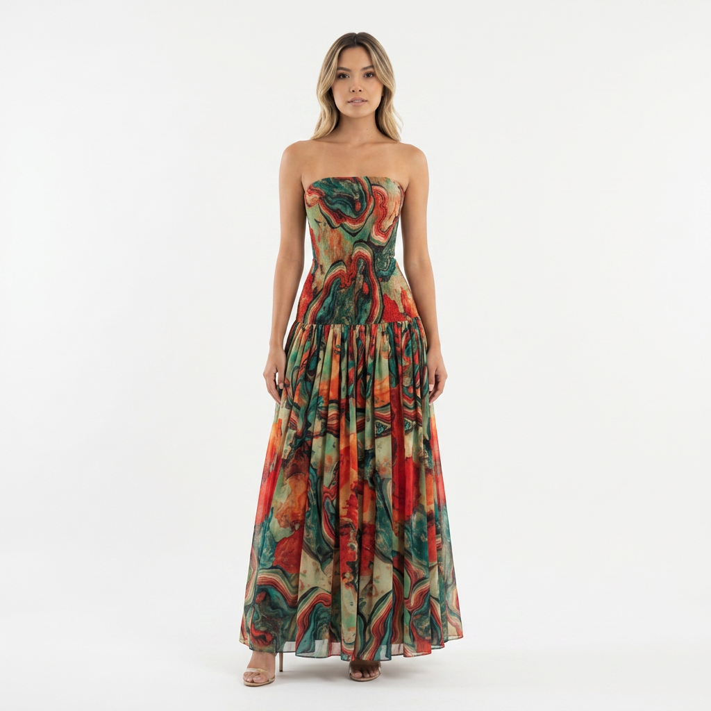 Vestido Largo Palabra Honor Estampado Artístico Vuelo