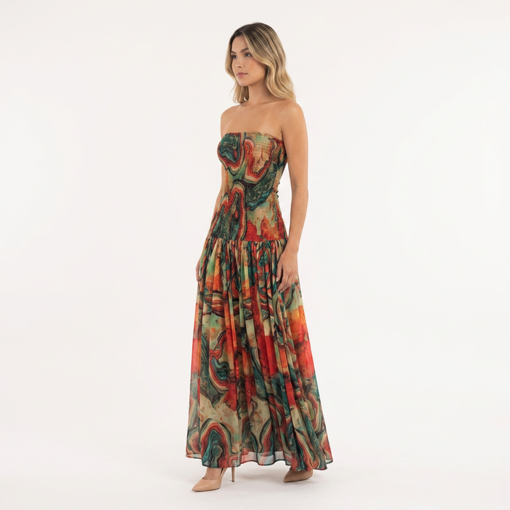 Vestido Largo Palabra Honor Estampado Artístico Vuelo