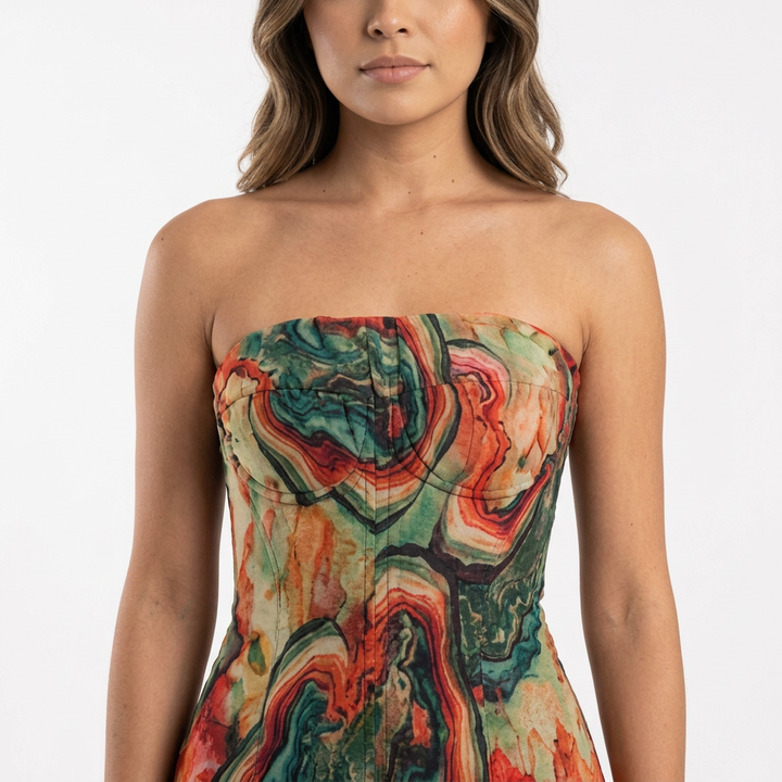 Vestido Largo Palabra Honor Estampado Artístico Vuelo