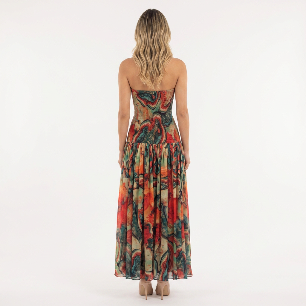 Vestido Largo Palabra Honor Estampado Artístico Vuelo