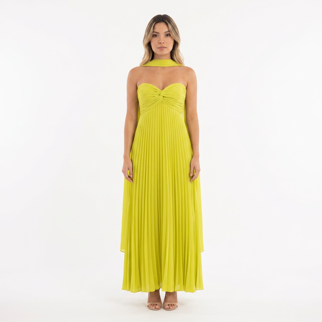 Vestido Largo Plisado Tirante Único Escote Corazón