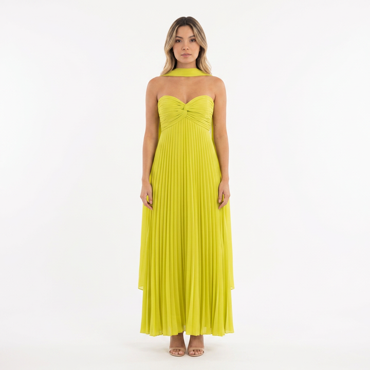 Vestido Largo Plisado Tirante Único Escote Corazón