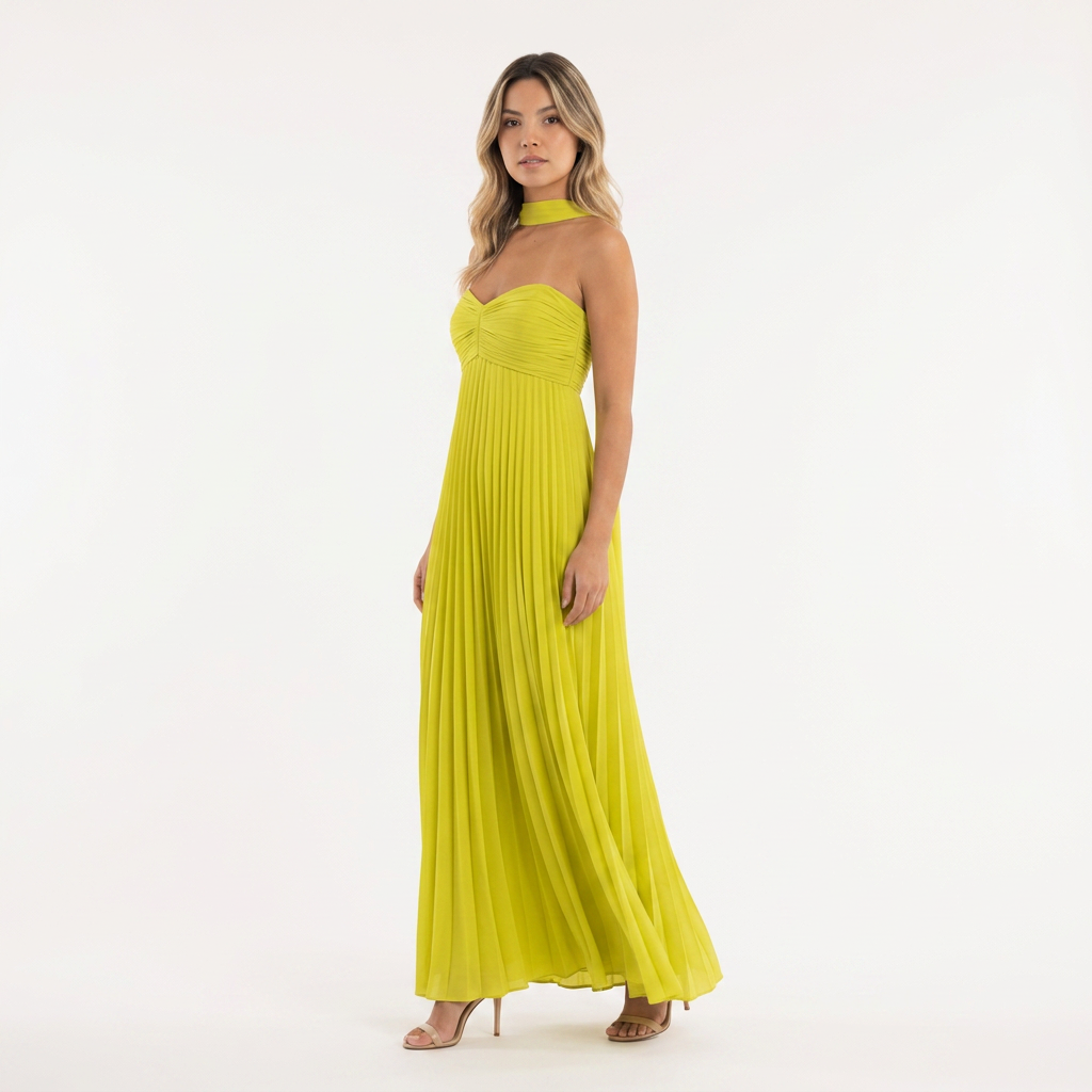 Vestido Largo Plisado Tirante Único Escote Corazón