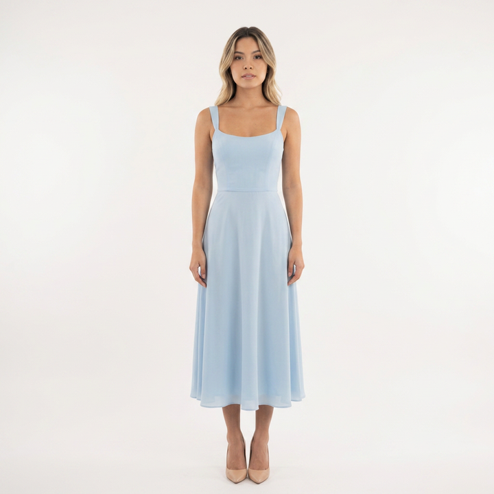 Vestido Midi Tirantes Volante Organza Bajo Romántico