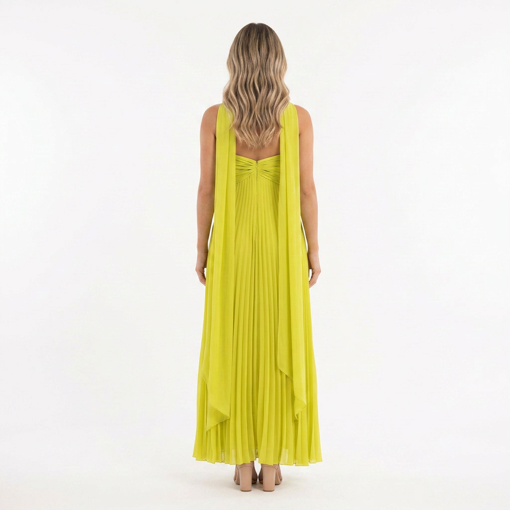 Vestido Largo Plisado Tirante Único Escote Corazón