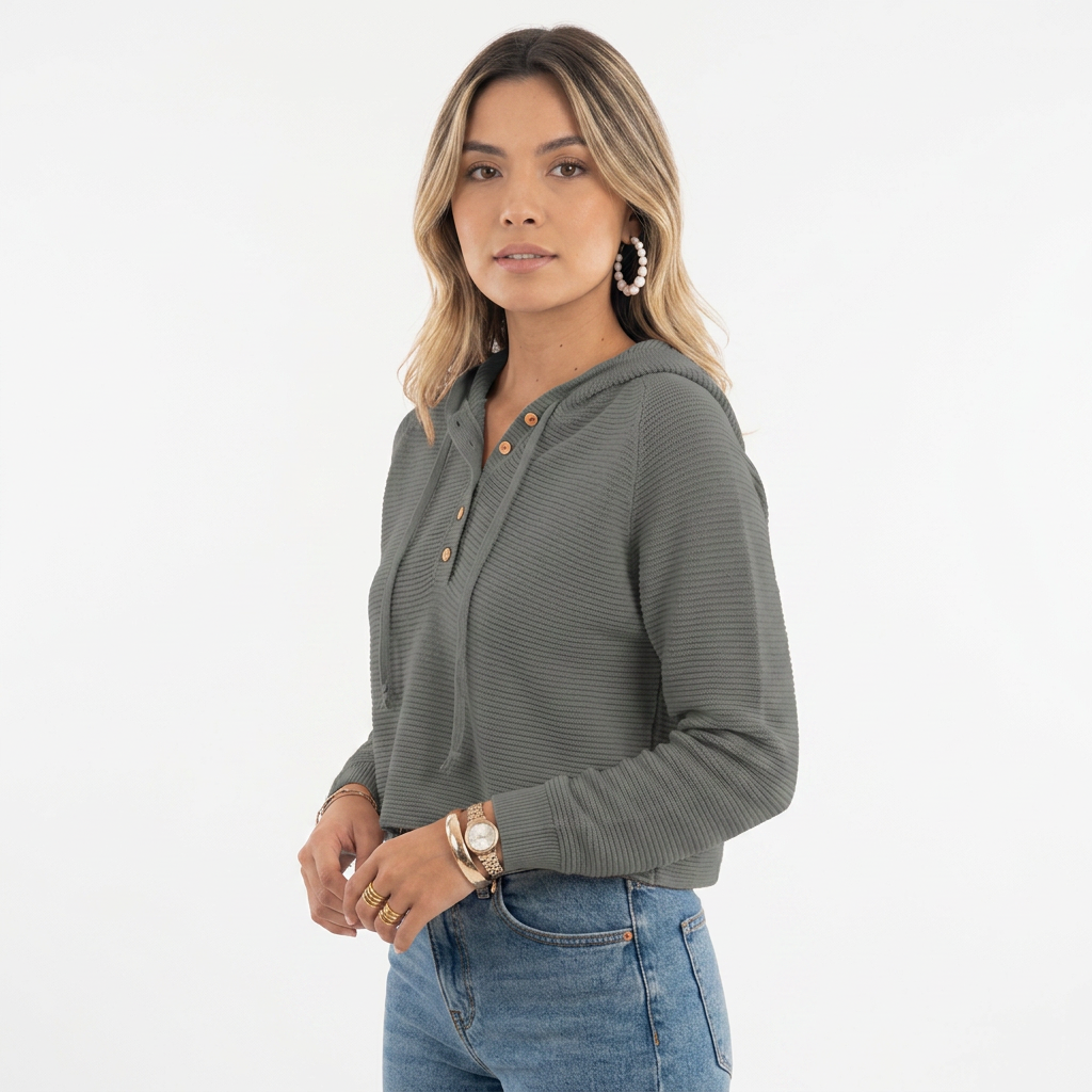 Jersey Capucha Cropped Botones