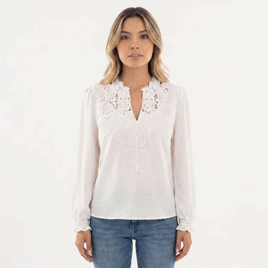 Blusa Encaje Vintage Puños Fruncidos