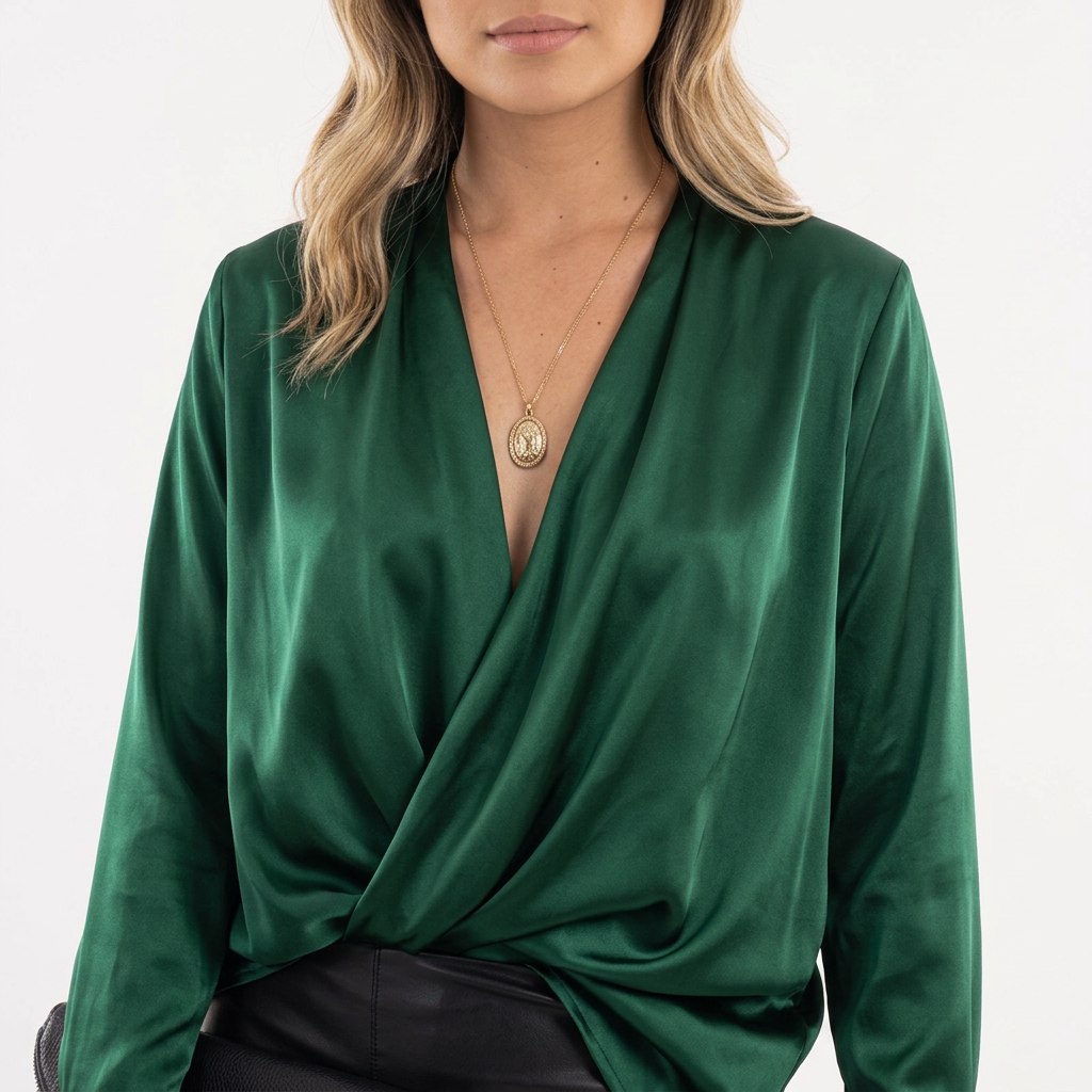 Blusa Satén Drapeada Escote V