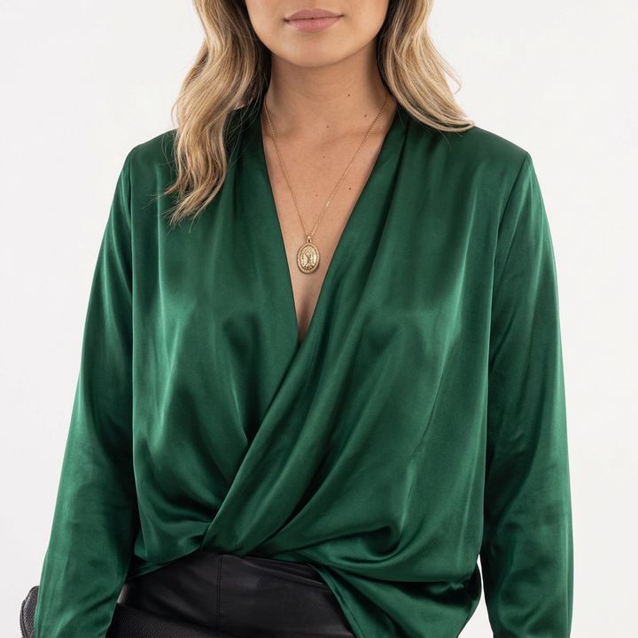 Blusa Satén Drapeada Escote V