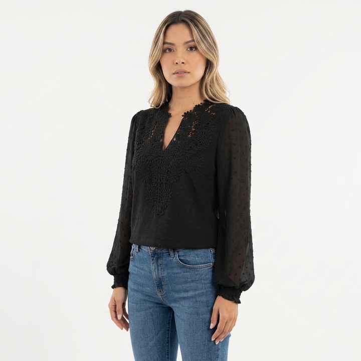 Blusa Encaje Vintage Puños Fruncidos