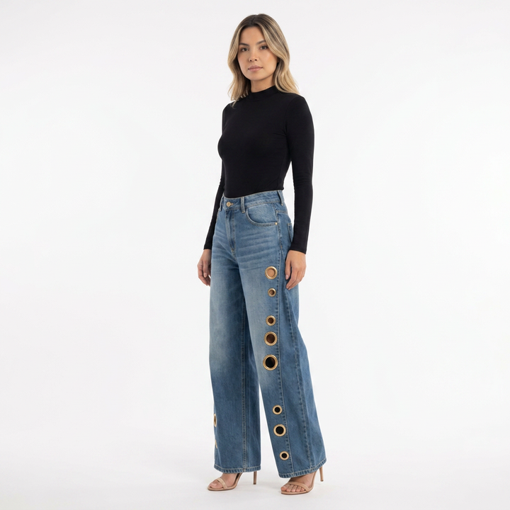 Pantalones Baggy Ojales Metálicos Tiro Alto Mujer