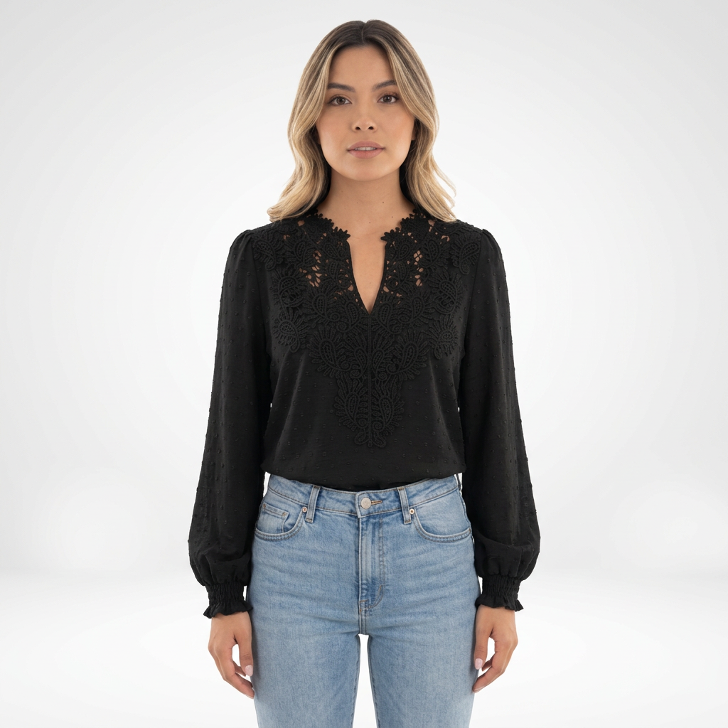 Blusa Encaje Vintage Puños Fruncidos