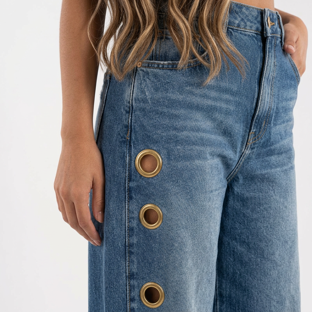 Pantalones Baggy Ojales Metálicos Tiro Alto Mujer