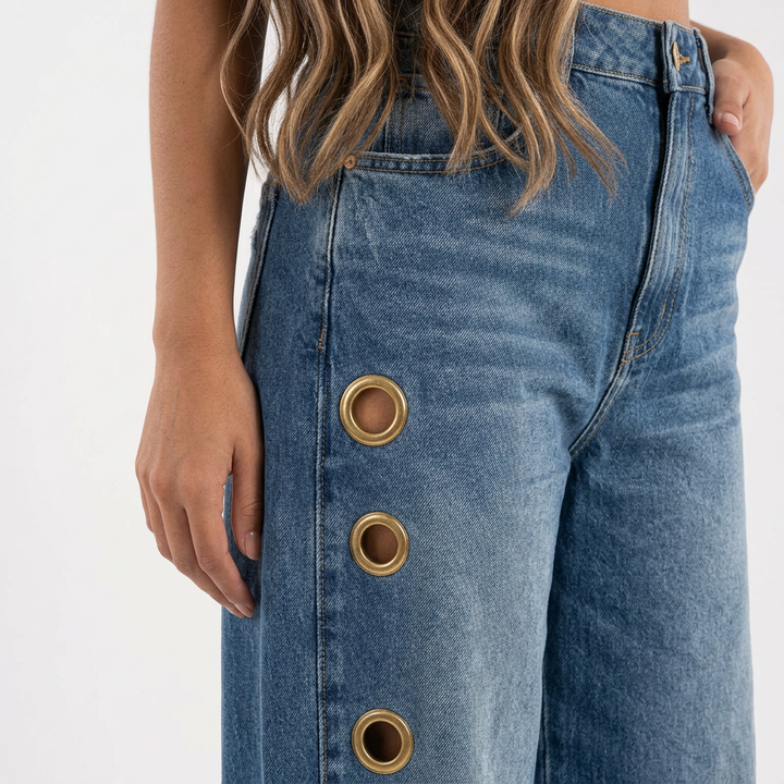 Pantalones Baggy Ojales Metálicos Tiro Alto Mujer