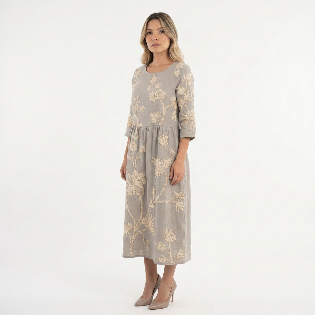 Vestido Midi Floral Cuello Redondo