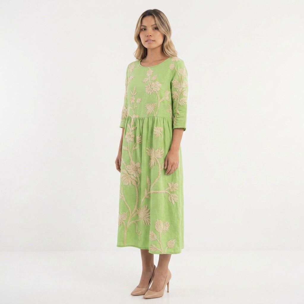 Vestido Midi Floral Cuello Redondo