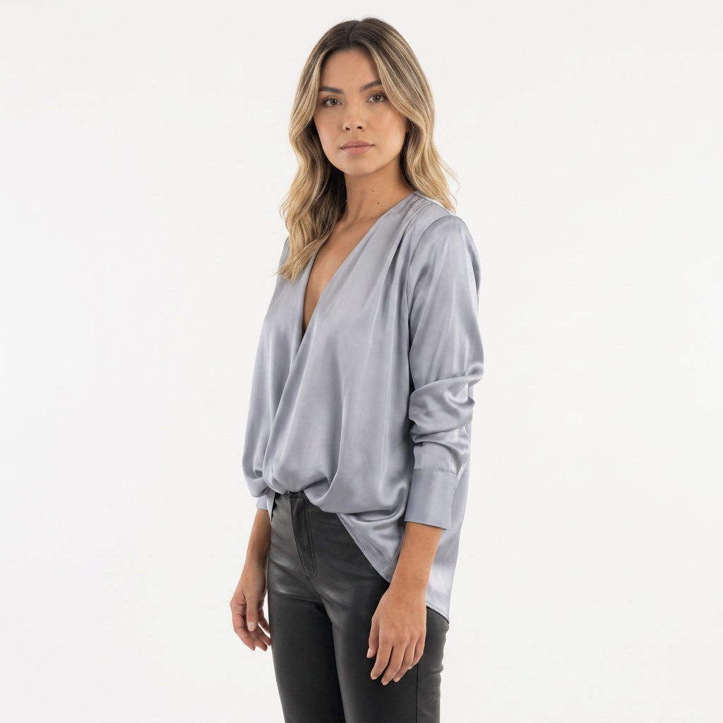 Blusa Satén Drapeada Escote V