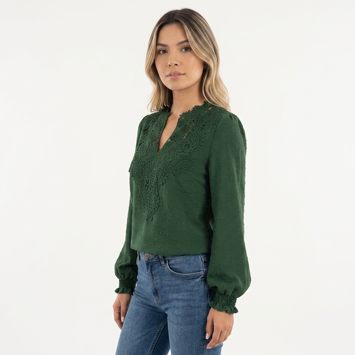 Blusa Encaje Vintage Puños Fruncidos