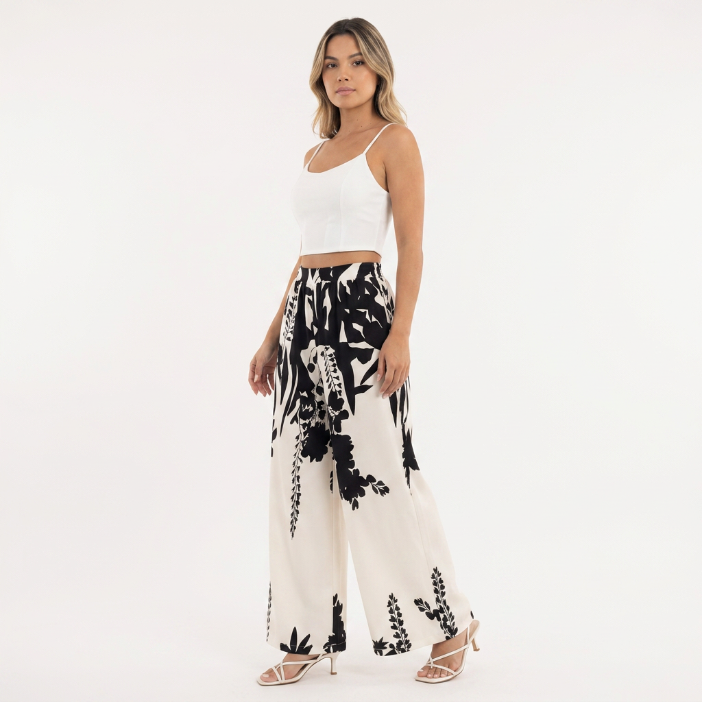 Pantalón Palazzo Floral Botánico Cintura Alta