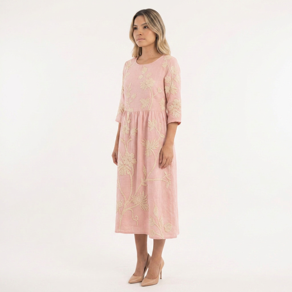 Vestido Midi Floral Cuello Redondo