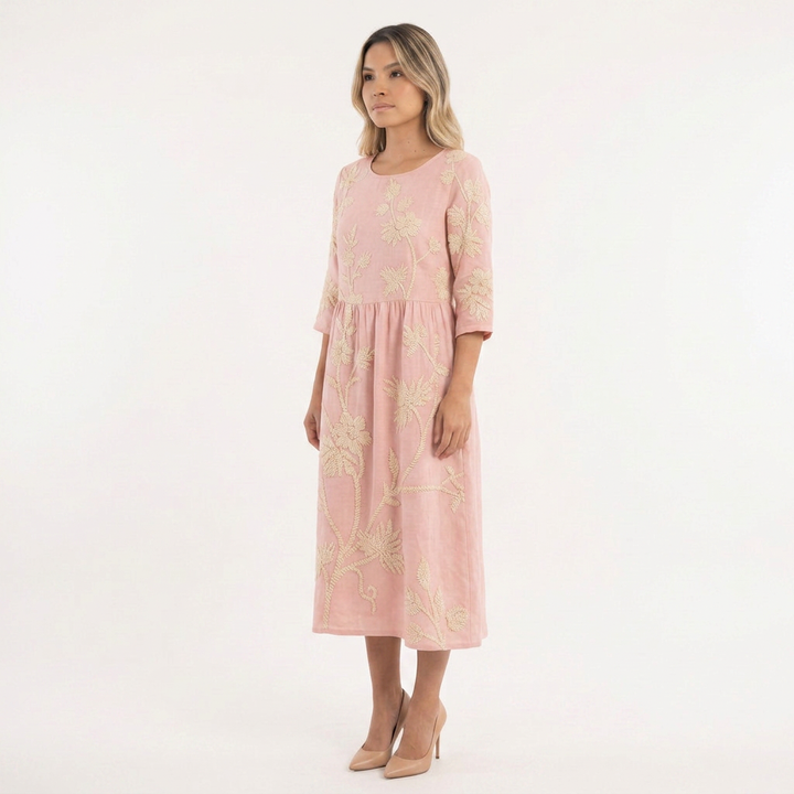 Vestido Midi Floral Cuello Redondo