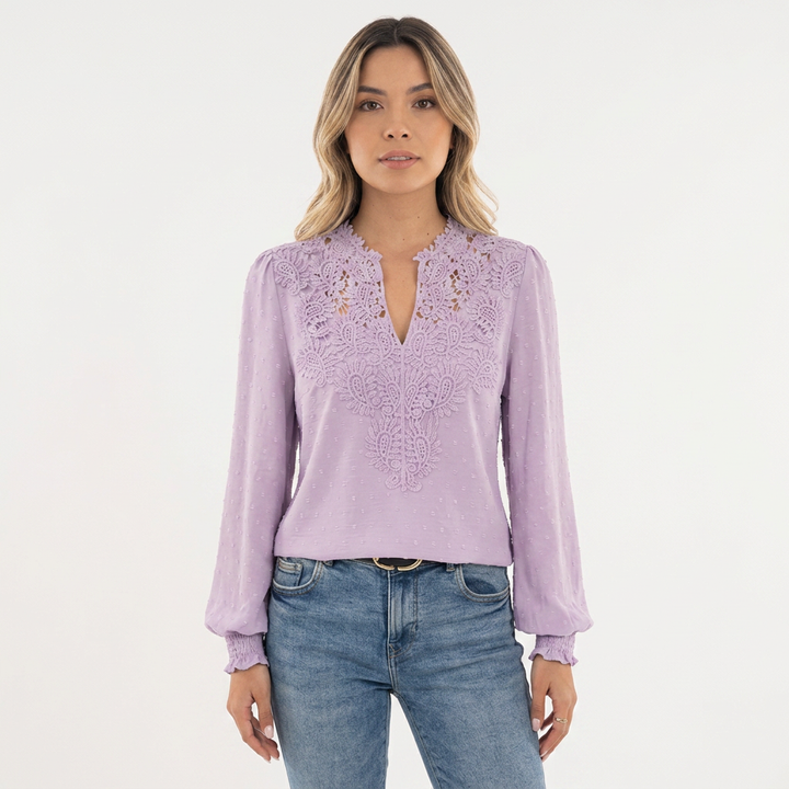 Blusa Encaje Vintage Puños Fruncidos