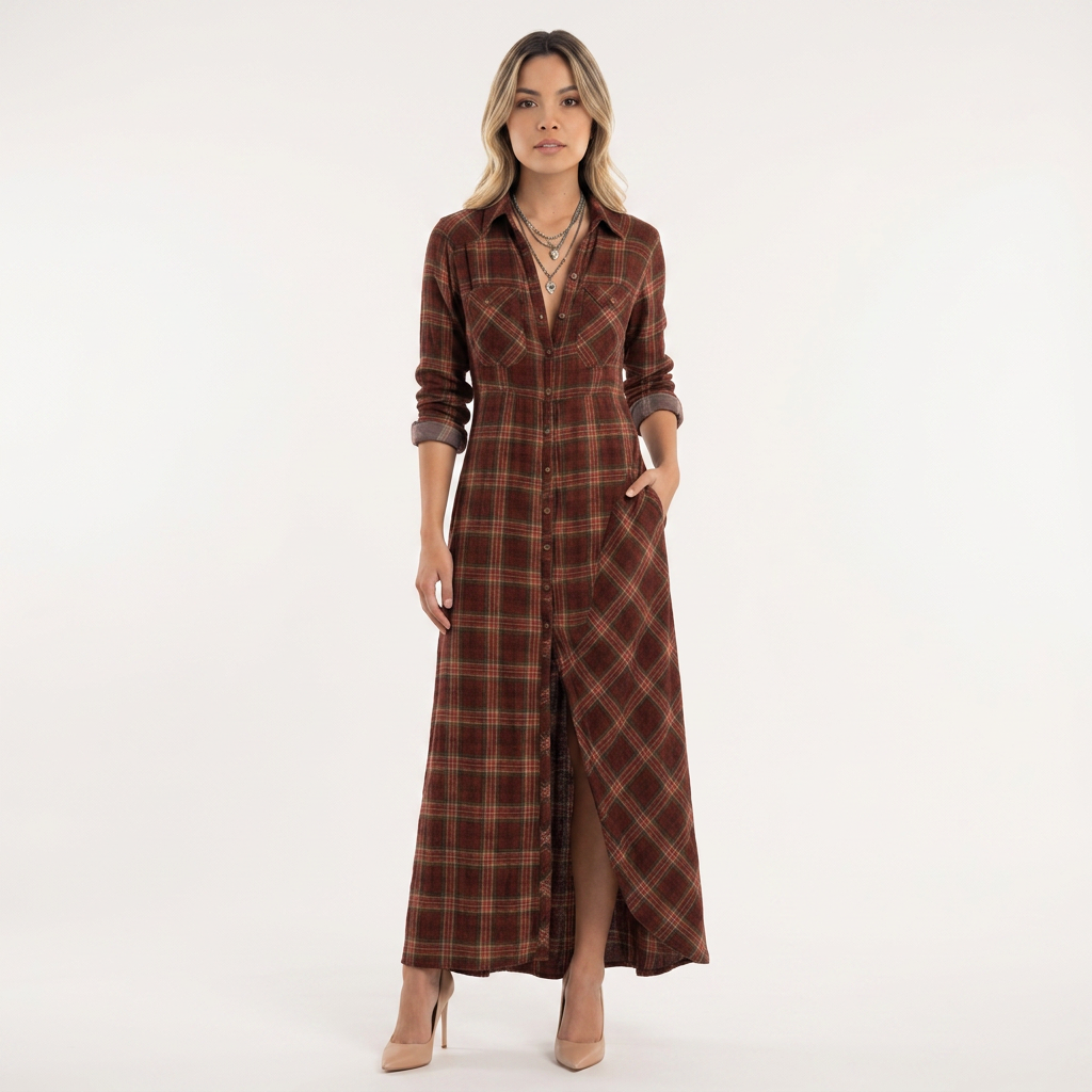 Vestido Largo Camisero Cuadros