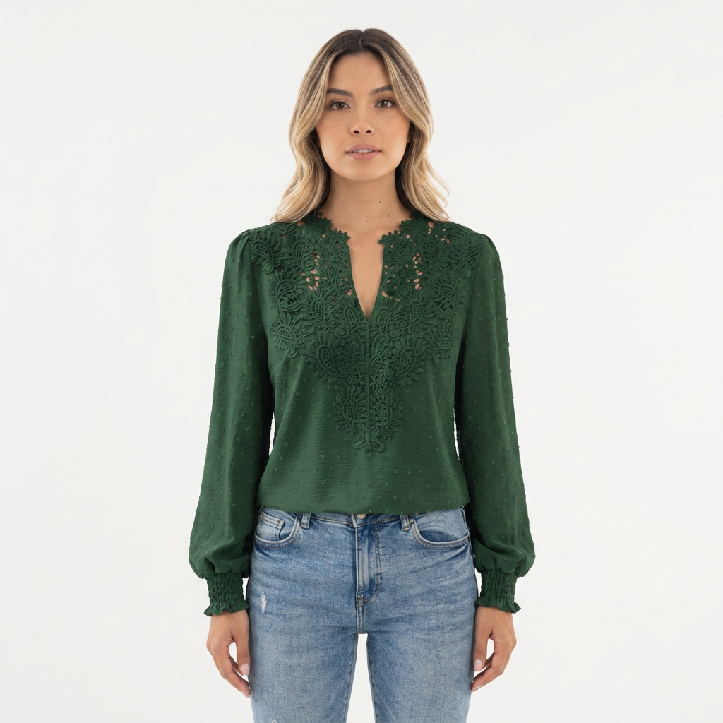 Blusa Encaje Vintage Puños Fruncidos